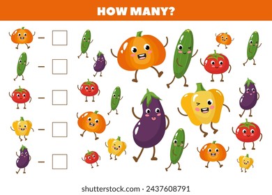 Juego de matemáticas para niños. ¿Cuántas verduras hay en la imagen? Cuente el número de verduras. Puzzle, juego educativo para niños. Un juego de sombreros multicolores. Tarjetas educativas para niños