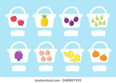 Math game for children. How many fruits are in the basket. Count the quantity. Puzzle, educational game for children. Educational cards for children.