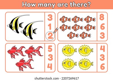 Math game for children. Kids activity worksheet. How many objects task. Cartoon sea animals. Vector illustration.