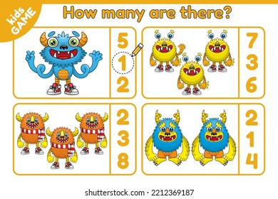 Juego de matemáticas para niños. Hoja de trabajo de actividad infantil. ¿Cuántos objetos se realizan? Ilustración vectorial de los monstruos de las caricaturas.