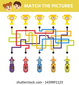 Math Game for children. Labyrinth. Cartoon scooters. Help the moped get to the finish line. Education developing worksheet. Vector illustration 