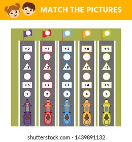 Math Game for children. Labyrinth. Cartoon scooters. Help the moped get to the finish line. Education developing worksheet. Vector illustration 