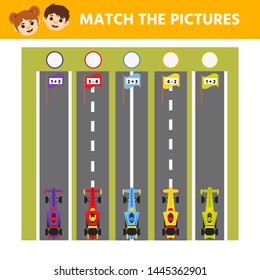 Math Game for children. Labyrinth. Cartoon racing cars. Help the moped get to the finish line. Education developing worksheet. Vector illustration