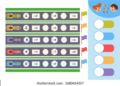 Math Game for children. Labyrinth. Cartoon scooters. Help the moped get to the finish line. Education developing worksheet. Vector illustration
