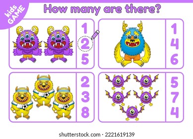 Math game for children. Learning counting skills. Count how many objects and choose the correct answer. Cartoon monsters. Vector illustration.