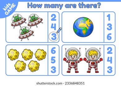 Math game for children on space theme. Kids mathematical worksheet. How many cartoon astronauts, planets Earth, Moons and ufo. Count and choose the correct number. Educational activity book. Vector.