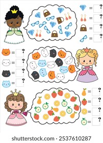 Math game for children. Princesses and fruits. Count educational game for schoolchildren