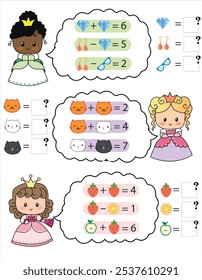 Math game for children. Princesses and fruits. Count educational game for schoolchildren