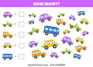 Math game for children. Puzzle, educational game for children. How many cars are in the picture. Count the number of cars.
