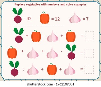 Math game for children. Replace vegetables with numbers and solve examples