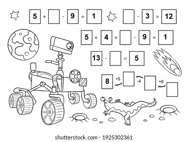 Math game for children. Rover vector. Mars coloring page. Children's coloring book
