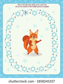 Math game for children with squirrel. Worksheet: Moving in the direction of the arrow, write the correct number in the middle of each snowflakes