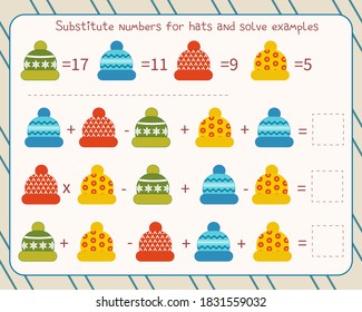  El juego de matemáticas para niños sustituye números en lugar de sombreros, resuelve un ejemplo y escribe la respuesta