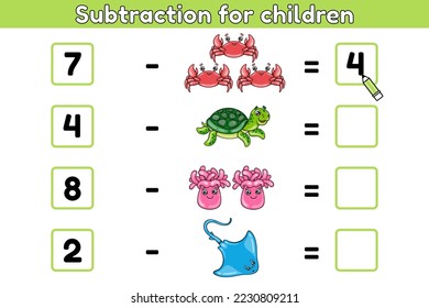 Math game for children. Subtraction. Educational activity for preschool and school children. Vector illustration of cartoon sea animals.