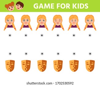 Math Game for children task for the development of logical thinking. Match parts of girls and emotions theater mask. Education developing worksheet