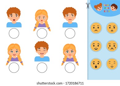 Math Game for children task for the development of logical thinking. We find the correspondence of emotion and emoticon. Preschool worksheet activity. vector illustration