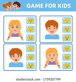 Math Game for children task for the development of logical thinking. We find the correspondence of emotion and emoticon. Preschool worksheet activity. vector illustration