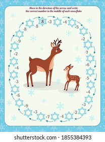 Math game for children. Worksheet: Moving in the direction of the arrow, write the correct number in the middle of each snowflake