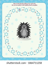  Math game for children  Worksheet: Moving in the direction of the arrow, write the correct number in the middle of each snowflake