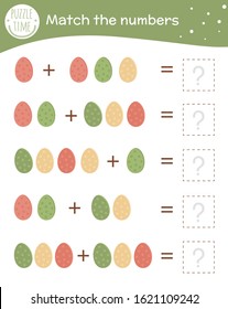 Math Game With Colored Eggs. Easter Mathematic Activity For Preschool Children. Spring Counting Worksheet. Educational Addition Riddle With Cute Funny Elements