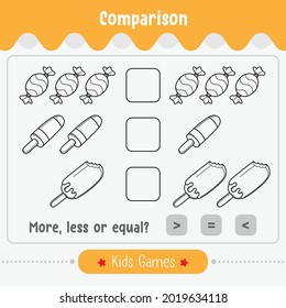 Math game comparison of Number for kids. More, less or equal math game education