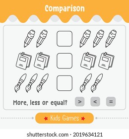 Math game comparison of Number for kids. More, less or equal math game education
