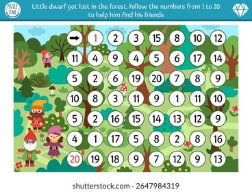 Jogo de matemática com anão bonito pequeno perdido na floresta. Atividade de labirinto matemático de conto de fadas ou madeiras mágicas para crianças pré-escolares. Conecte números de 1 a 20 para ajudar o gnome a encontrar seus amigos
