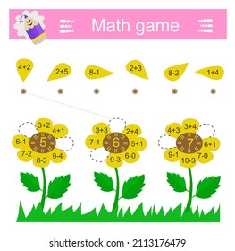 Math game. Each petal must find its place. Kids activity sheet. Vector illustration. 