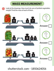 Math game, education game for children. Mass measurement. Scales. How much do cans of pickled vegetables weight? Logic puzzle for kids. Worksheet vector design for preschoolers and schoolers.