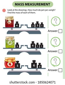 Math game, education game for children. Mass measurement. Scales. How much do jam jars weight? Logic puzzle for kids. Worksheet vector design for preschoolers and schoolers.