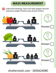 Juego de matemáticas, juego de educación para niños. Medición de masa. Escala. ¿Cuánto pesa pimiento, brócoli y cebolla? Rompecabezas lógico para los niños. Diseño de vectores de hojas de trabajo para preescolares y escolares.