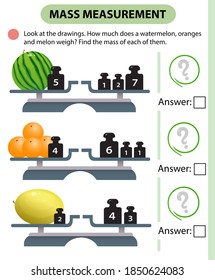 Mathe-Spiel, Erziehungsspiel für Kinder. Massenmessung. Skalen. Wie viel Gewicht haben Wassermelonen, Orangen und Melonen? Logikpuzzle für Kinder. Arbeitsblatt-Vektordesign für Vorschulen und Schulanfänger.