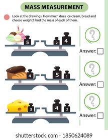 Math game, education game for children. Mass measurement. Scales. How much does ice cream, bread and cheese weight? Logic puzzle for kids. Worksheet vector design for preschoolers and schoolers.