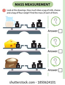 Math game, education game for children. Mass measurement. Scales. How much does a jug of milk, cheese and a bag of flour weight? Solve the examples. Logic puzzle for kids. Worksheet vector design 