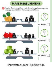 Math game, education game for children. Mass measurement. Scales. How much do pineapples, pomegranates and apples weight? Logic puzzle for kids. Worksheet vector design for preschoolers and schoolers.