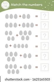 Math game with eggs. Easter mathematic activity for preschool children. Spring counting worksheet. Educational addition riddle with cute funny elements