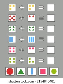math game. Fold geometric shapes and draw the answer in a cell. Vector editable illustration