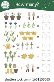 Juego de matemáticas con símbolos de jardín. Actividad matemática primaveral para niños en edad preescolar. Hoja de cálculo de recuento imprimible. Complemento educativo con adorables elementos graciosos