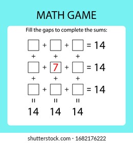 Math game with hint /fill the gaps to complete the sums