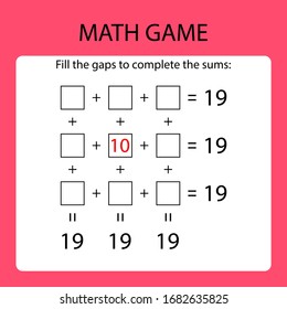 Math game with hint /fill the gaps to complete the sums