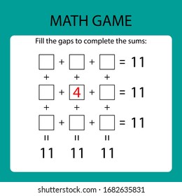Math game with hint /fill the gaps to complete the sums