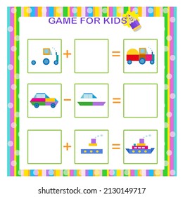  Math game for kids. Addition and subtraction with geometric shapes. Preschool worksheet activity. 
