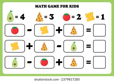 Math game for kids. Addition and subtraction activity for preschool, kindergarten or elementary students. Learning mathematic. Printable worksheet design.