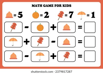 Math game for kids. Addition and subtraction activity for preschool, kindergarten or elementary students. Learning mathematic. Printable worksheet design.