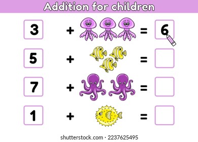 Juego de matemáticas para niños. Tarea adicional para niños en edad preescolar y escolar. Contar y escribir el resultado. Hoja de cálculo de matemáticas imprimibles educacionales. Ilustración vectorial de los animales marinos de dibujos animados.