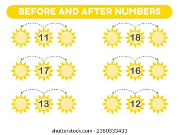 Math game for kids. Before and after numbers. Printable worksheets.