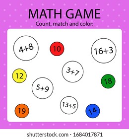 Math game for kids. Calculate, match sum with the answer and then color it. 