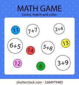 Math game for kids. Calculate, match sum with the answer and then color it. 