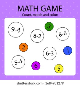 Math game for kids. Calculate, match sum with the answer and then color it. 