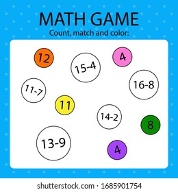 Math game for kids. Calculate, match sum with the answer and then color it. 